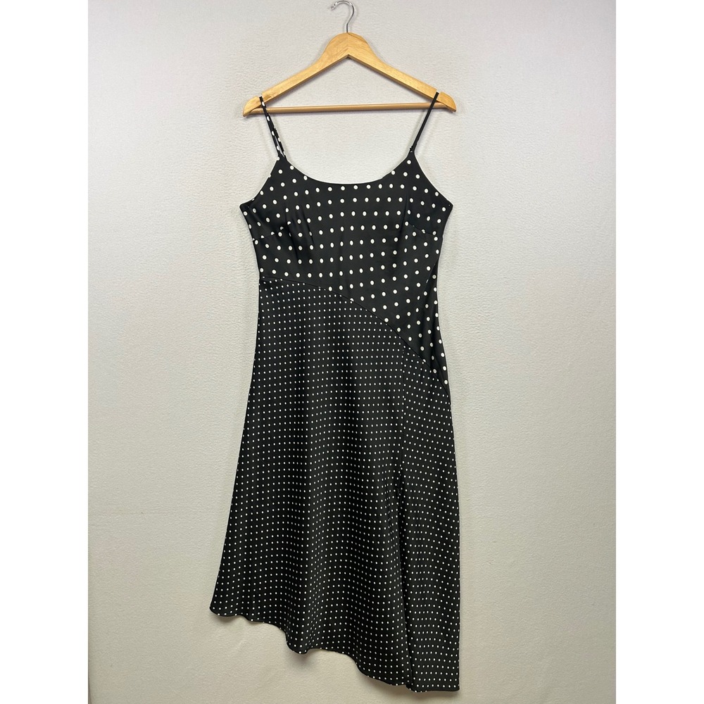 Retro Rockabilly A New Day Womens Medium Black White Polka Dot Slip Midi Dress
